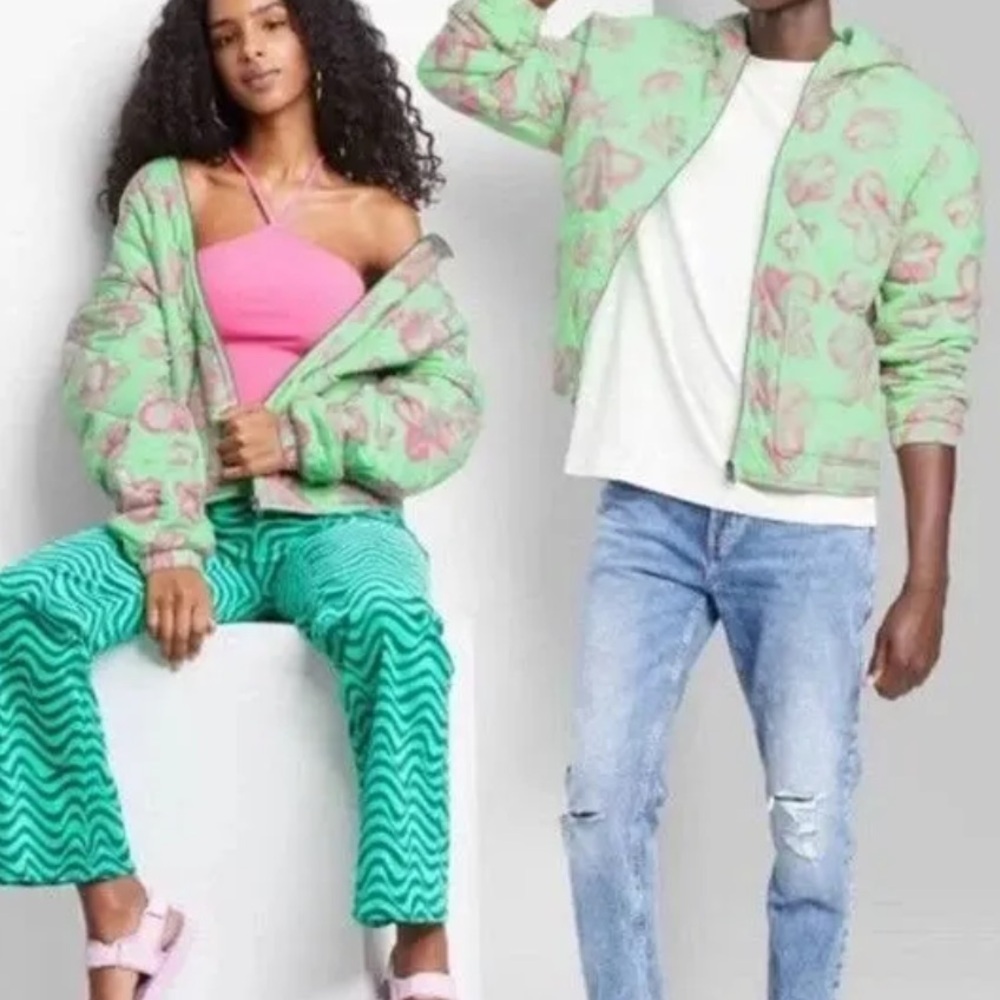 Unisex Wild Fable Green and Pink Floral Bomber Jacket Size xs, small 2X(XXL) NWT - Picture 2 of 9